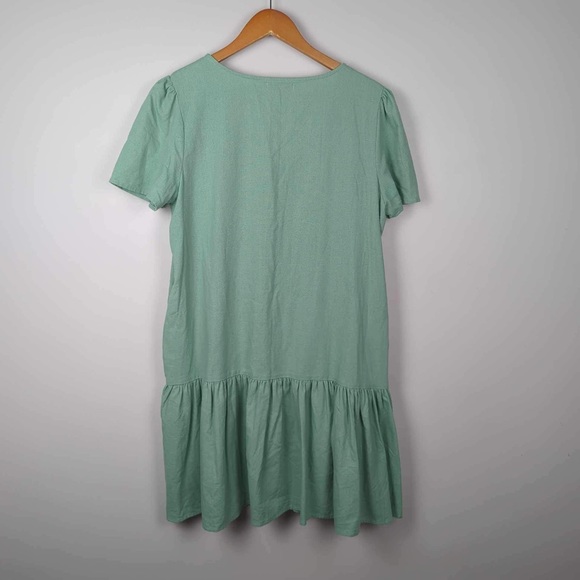 Linen Lux Mini Dress Green Shift Ruffle Hem V-Neck Summer Boho Beach Size M 12 - Picture 2 of 6